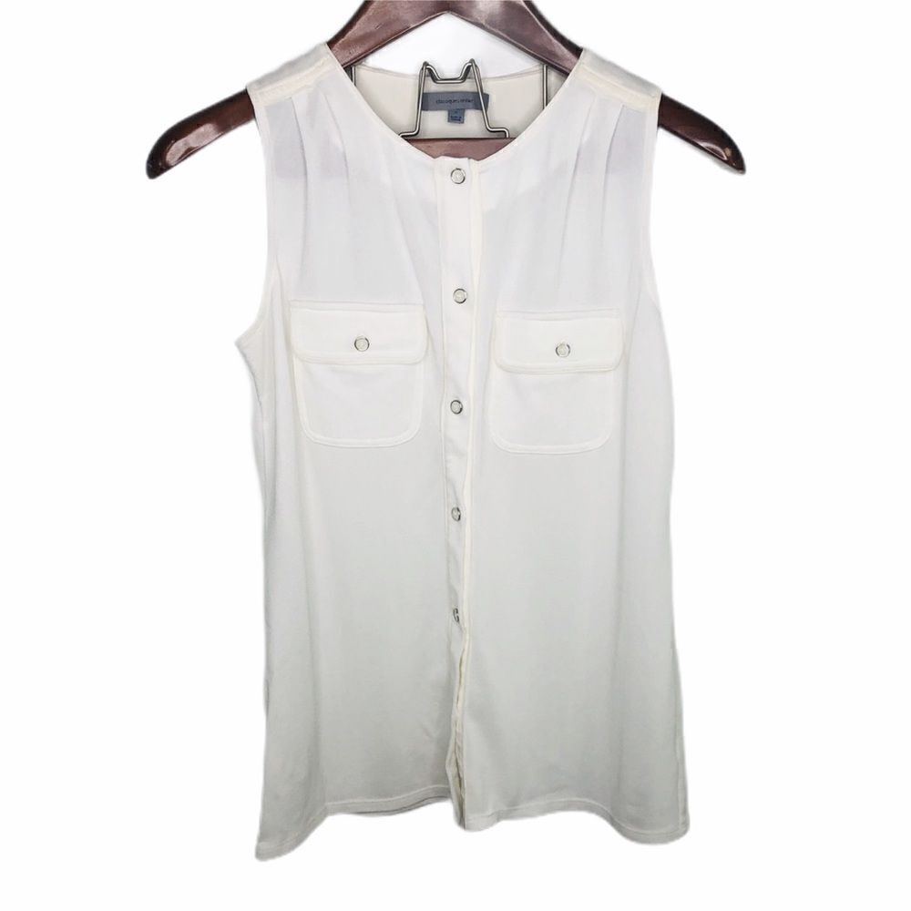 Classiques‎ Entier White Sleeveless Blouse Top Tank Button Sheer Career